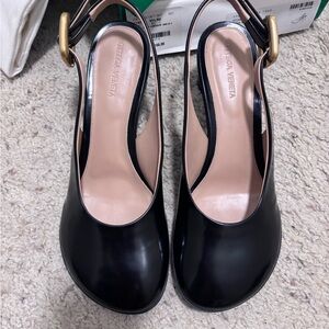 Bottega Veneta Black Leather Slingback Heels with Gold Buckle
